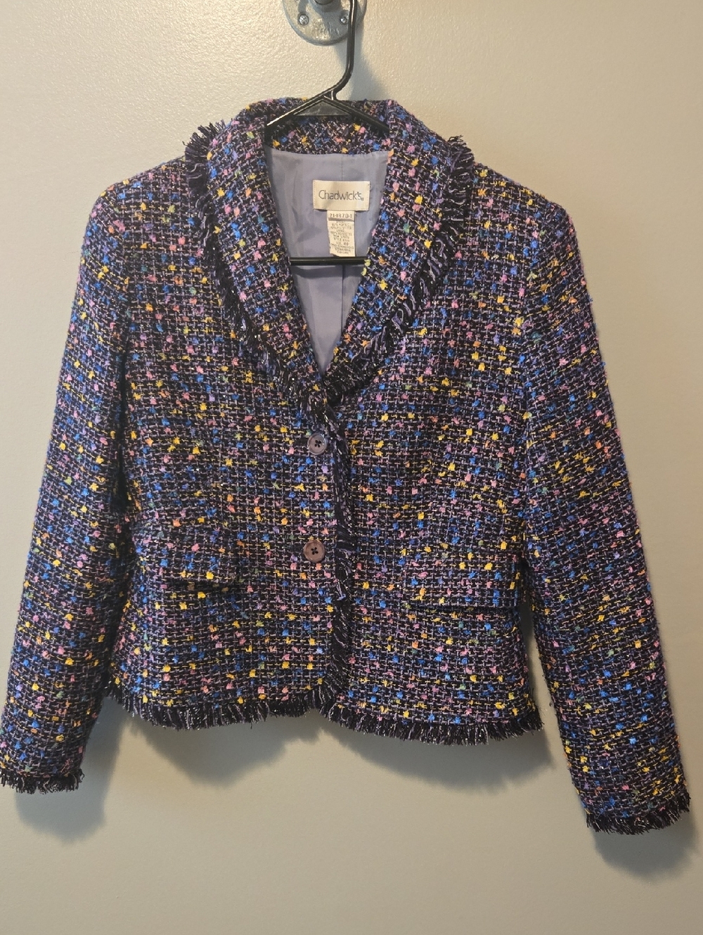 Chadwicks Purple Tweed Cropped Fringe Jacket with Multicolor Accents Size 4P